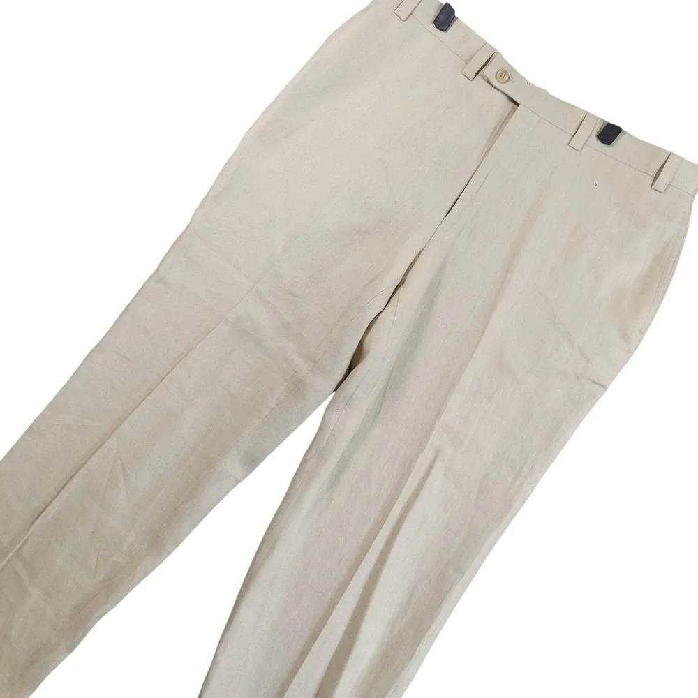 Calvin Klein Dress Pants Mens 36x32 Beige 100% Linen Flat Front Cuffed Straight